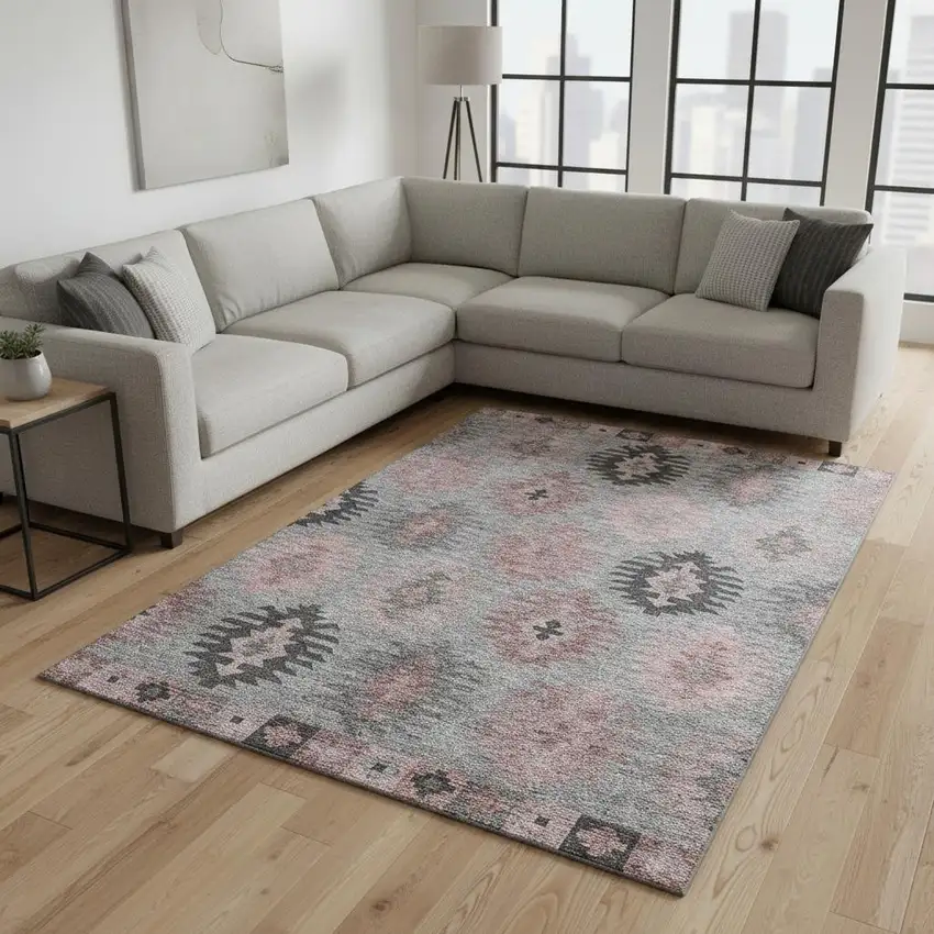 Gray Mauve And Silver Southwestern Washable Area Rug With UV Protection Photo 2