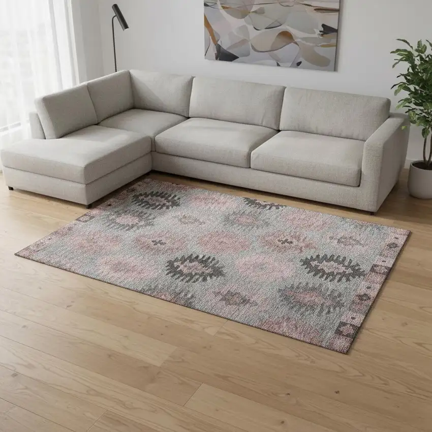 Gray Mauve And Silver Southwestern Washable Area Rug With UV Protection Photo 2