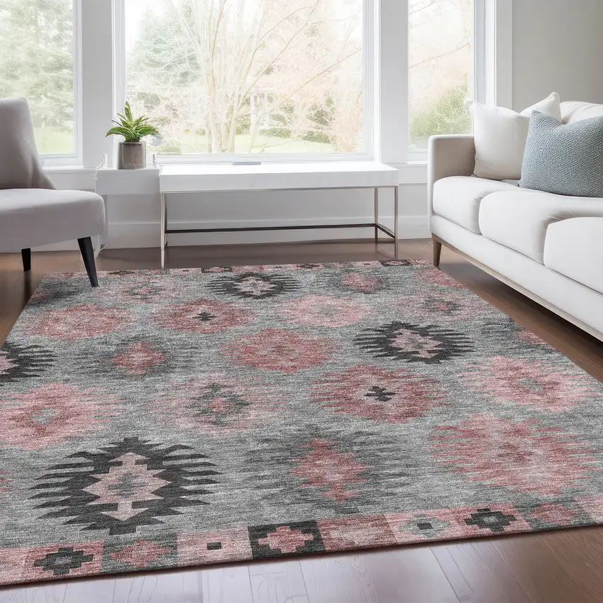 Gray Mauve And Silver Southwestern Washable Area Rug With UV Protection Photo 5