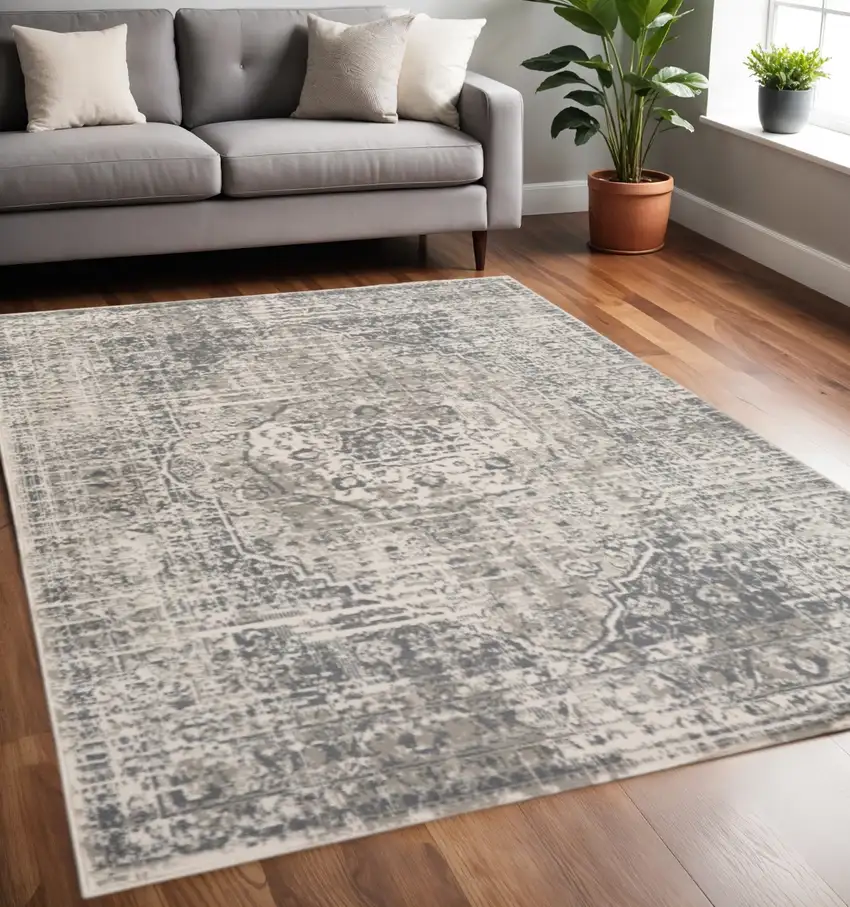 Gray And Ivory Medallion Area Rug Photo 1