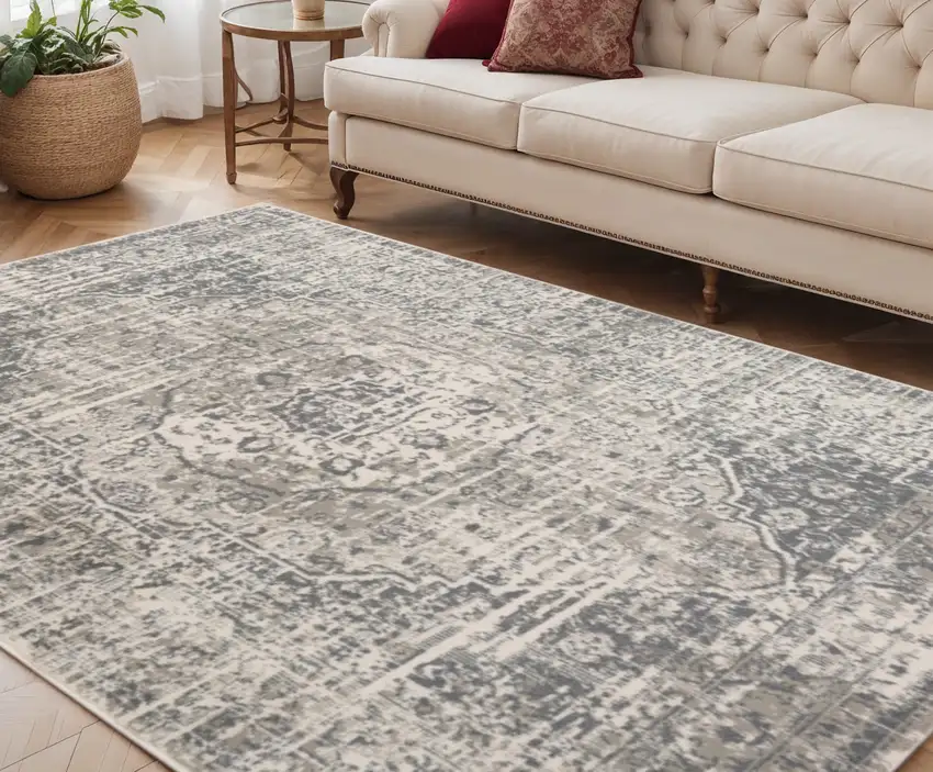 Medium Gray and Ivory Medallion Power Loom Area Rug Photo 1