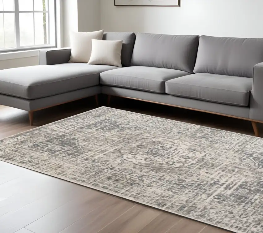 Medium Gray and Ivory Medallion Power Loom Area Rug Photo 1