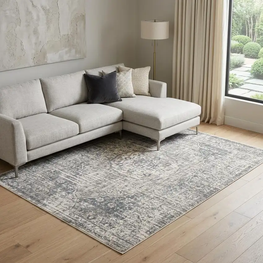 Gray And Ivory Medallion Area Rug Photo 1