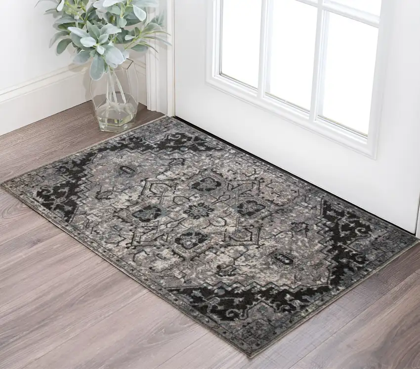 Black and Gray Medallion Power Loom Area Rug Photo 1
