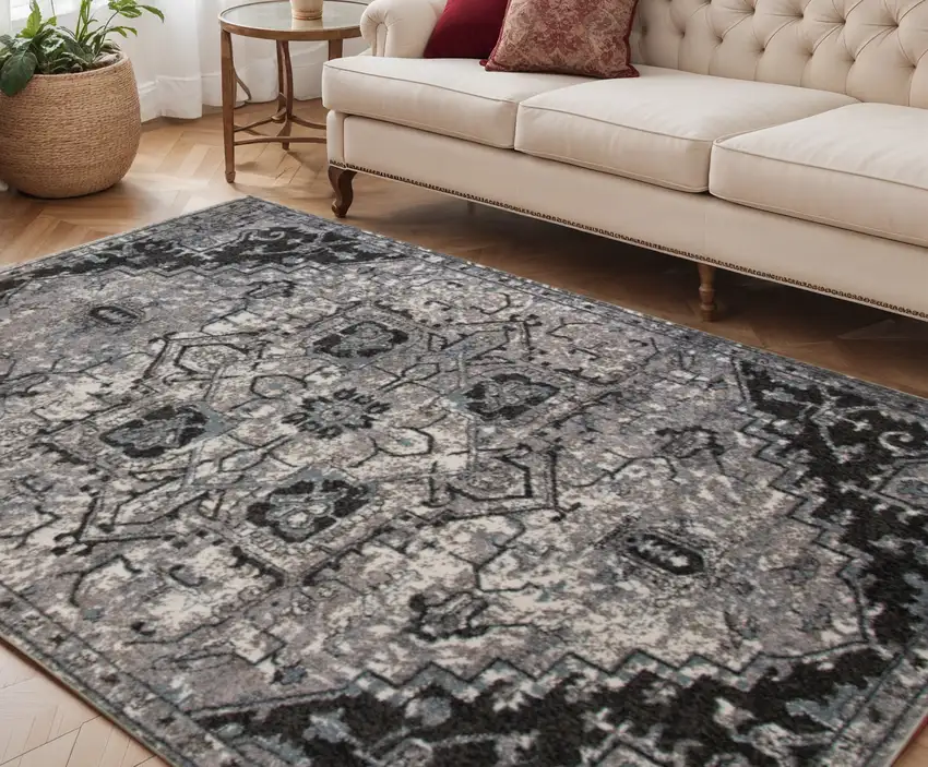 Black and Gray Medallion Power Loom Area Rug Photo 1