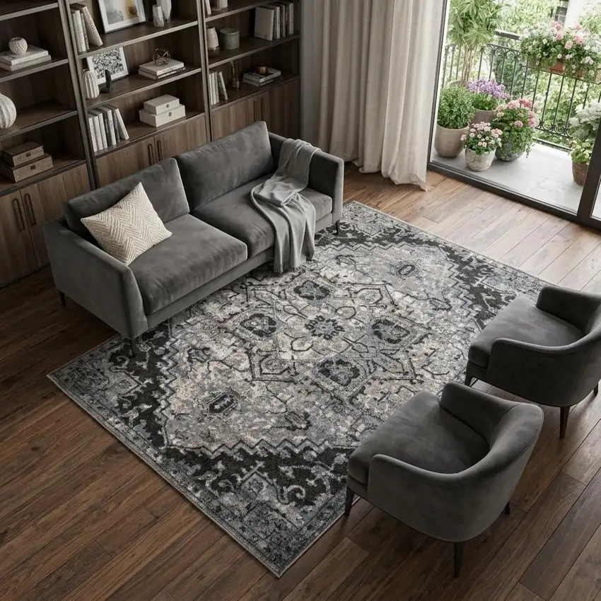 Black And Gray Medallion Area Rug Photo 1