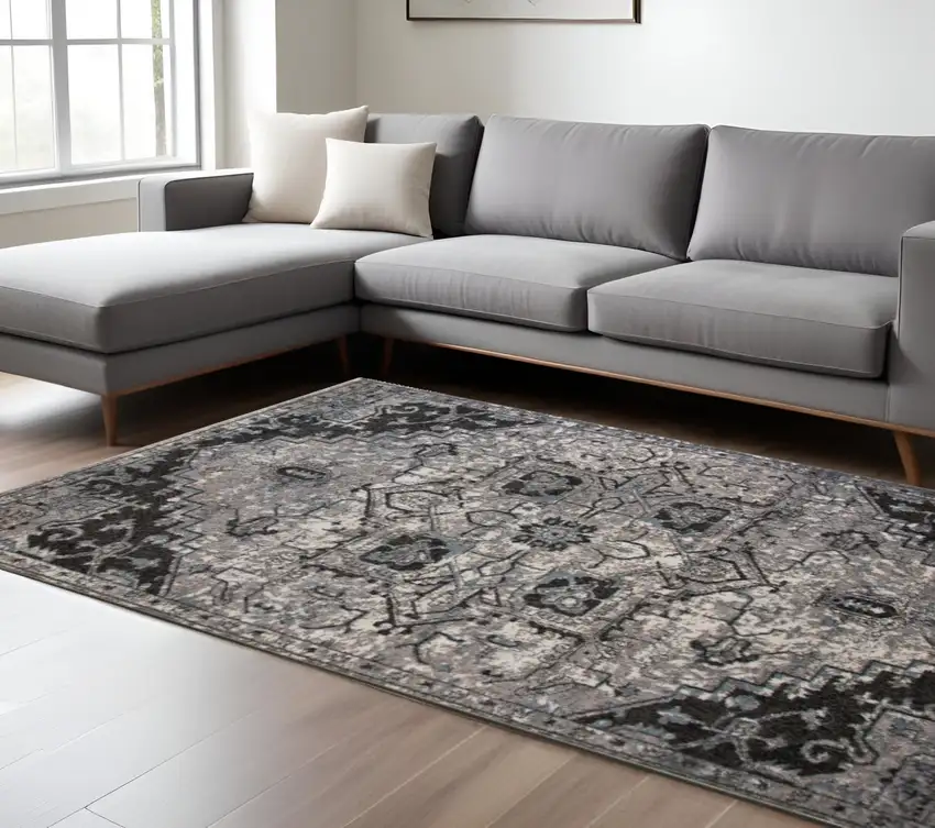 Black and Gray Medallion Power Loom Area Rug Photo 1