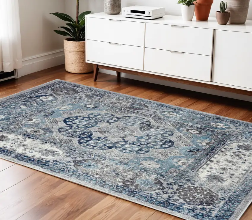 Gray and Blue Medallion Power Loom Area Rug Photo 1