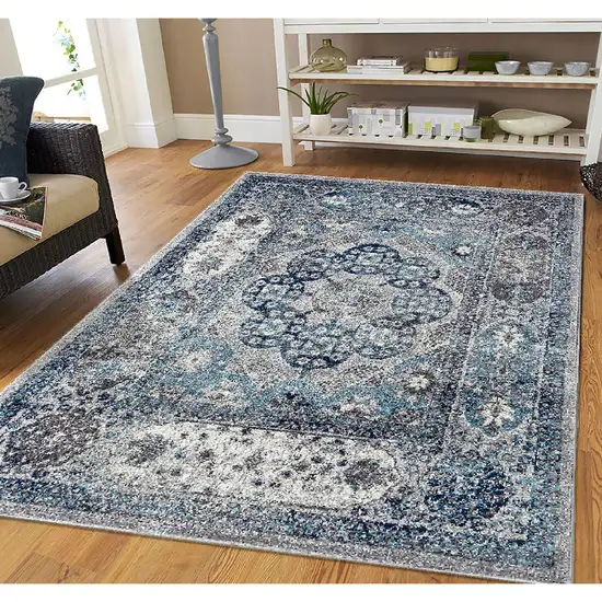 Ivory Blue And Gray Medallion Area Rug Photo 5