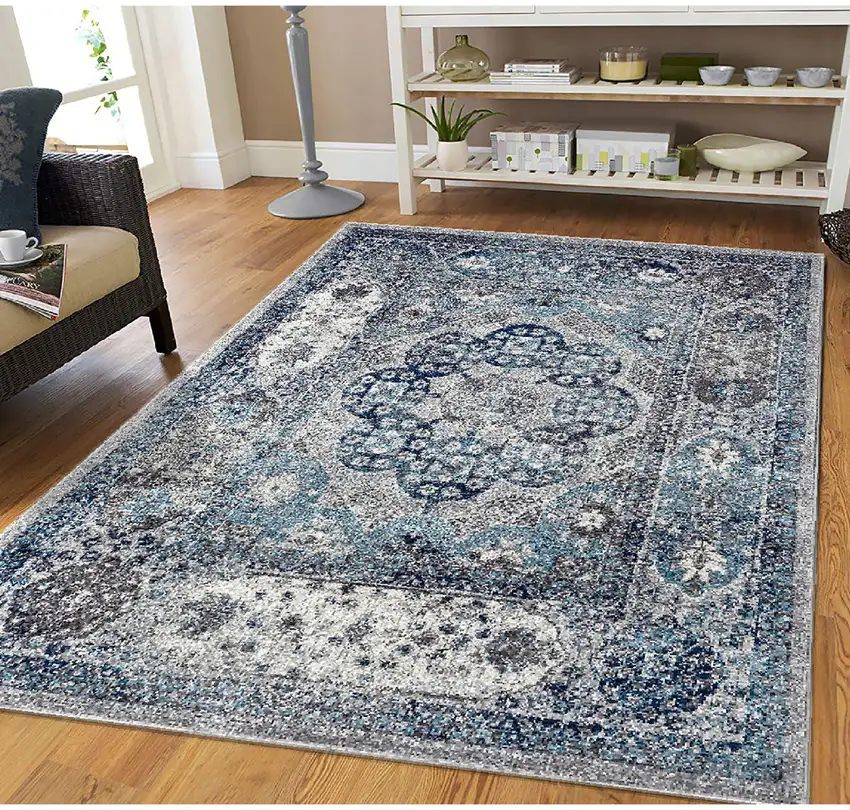 Ivory Blue And Gray Medallion Area Rug Photo 5