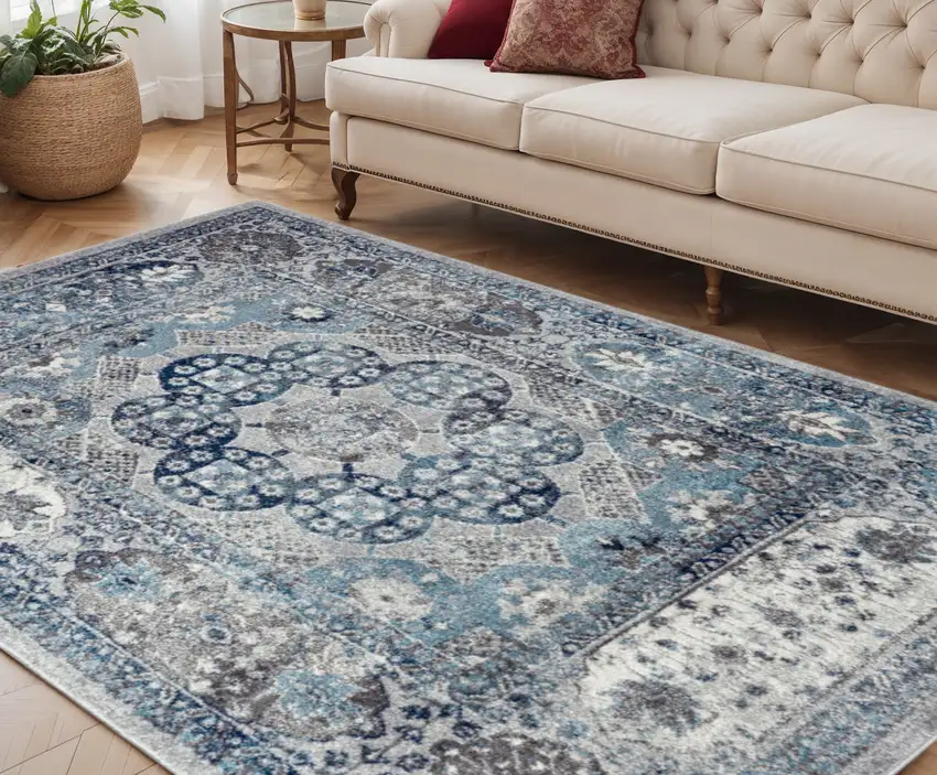 Gray and Blue Medallion Power Loom Area Rug Photo 1