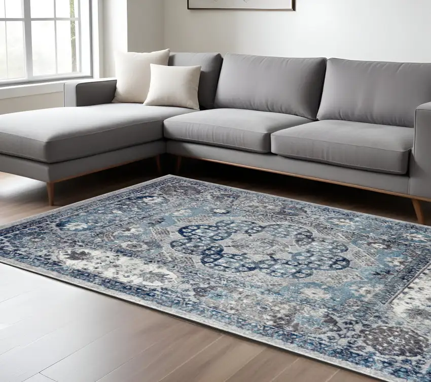 Blue and Gray Medallion Power Loom Area Rug Photo 1