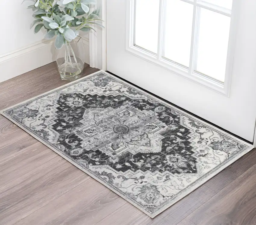 Gray and Dark Gray Medallion Power Loom Area Rug Photo 1
