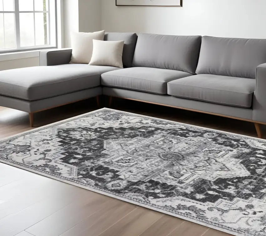 Gray and Dark Gray Medallion Power Loom Area Rug Photo 1