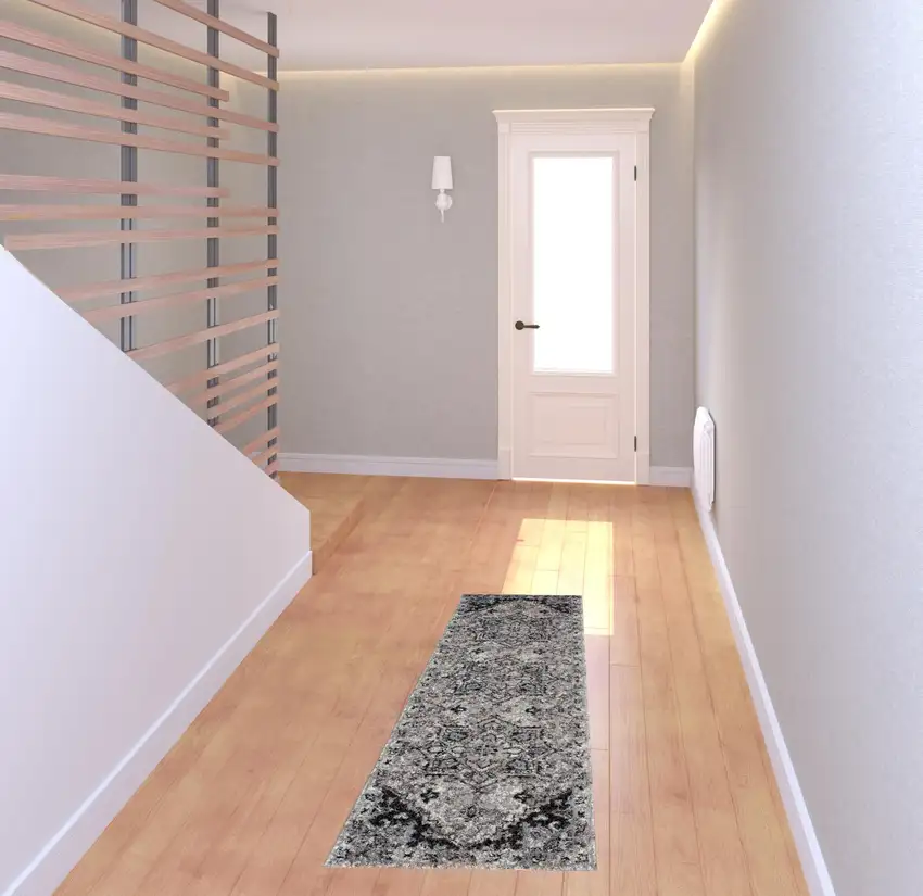 Gray Medallion Power Loom Runner Rug Photo 4