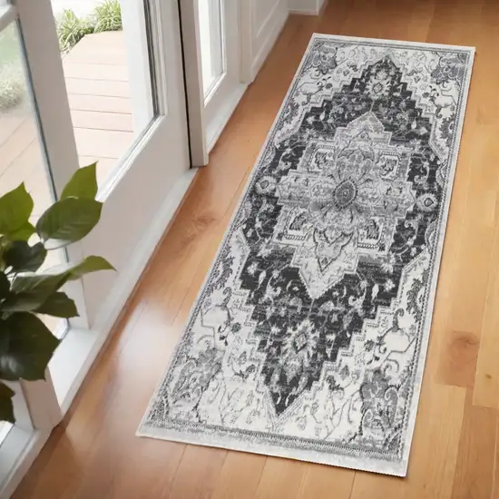 6' Gray and Dark Gray Medallion Power Loom Runner Rug Photo 1