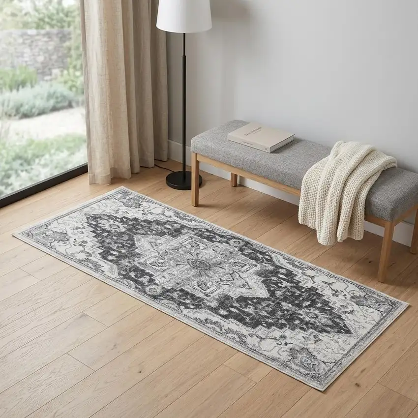 6' Gray And Dark Gray Medallion Runner Rug Photo 1