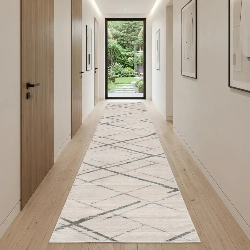 10' Gray And Ivory Geometric Runner Rug Photo 1