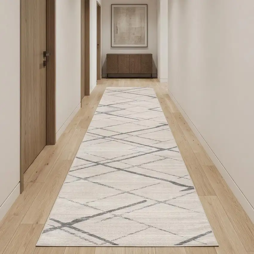 20' Gray And Ivory Geometric Runner Rug Photo 1