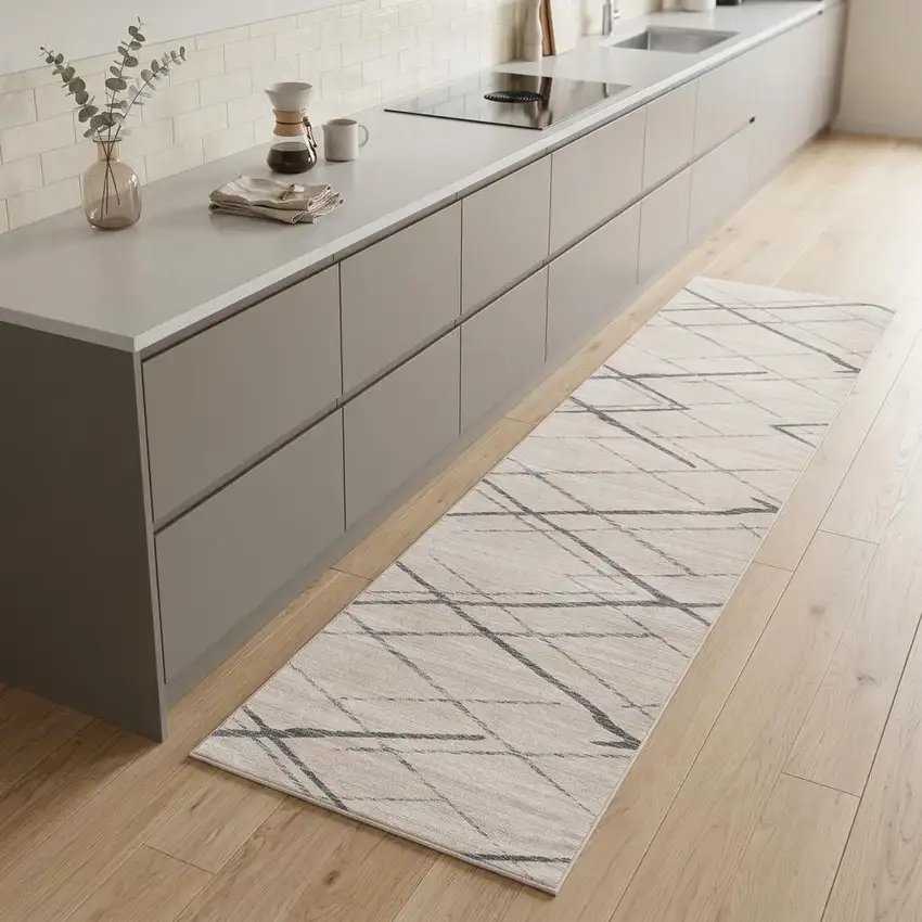 8' Gray And Ivory Geometric Runner Rug Photo 1