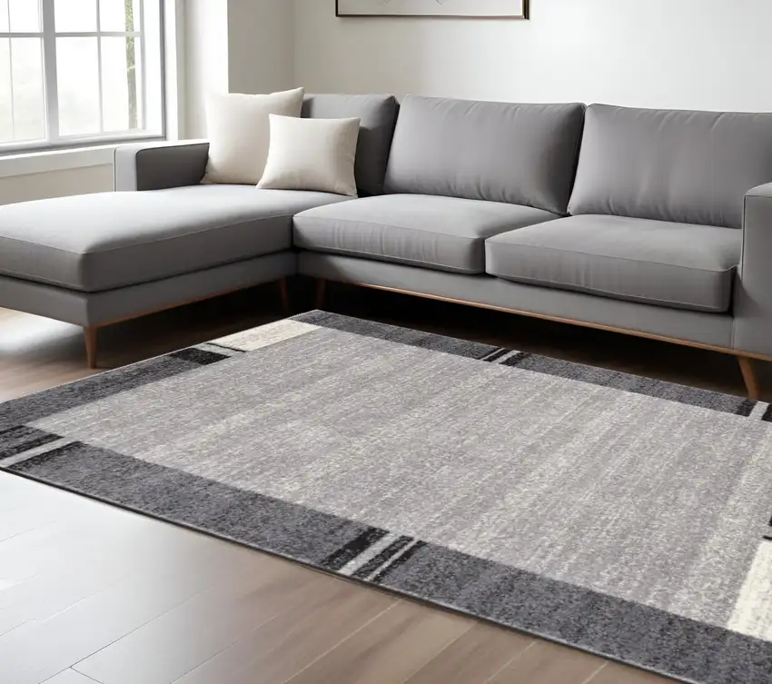 Gray Modern Bordered Area Rug Photo 2