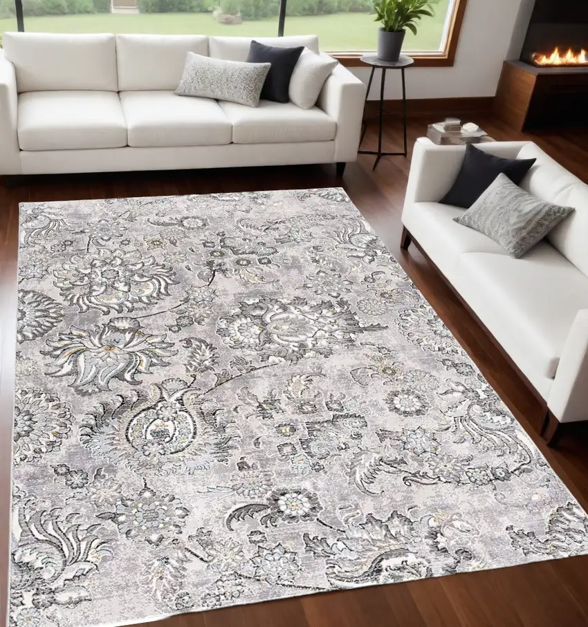 Gray Damask Power Loom Area Rug Photo 1