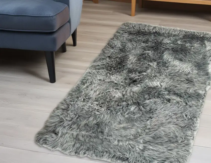 Gray Natural Rectangular Sheepskin Area Rug Photo 1