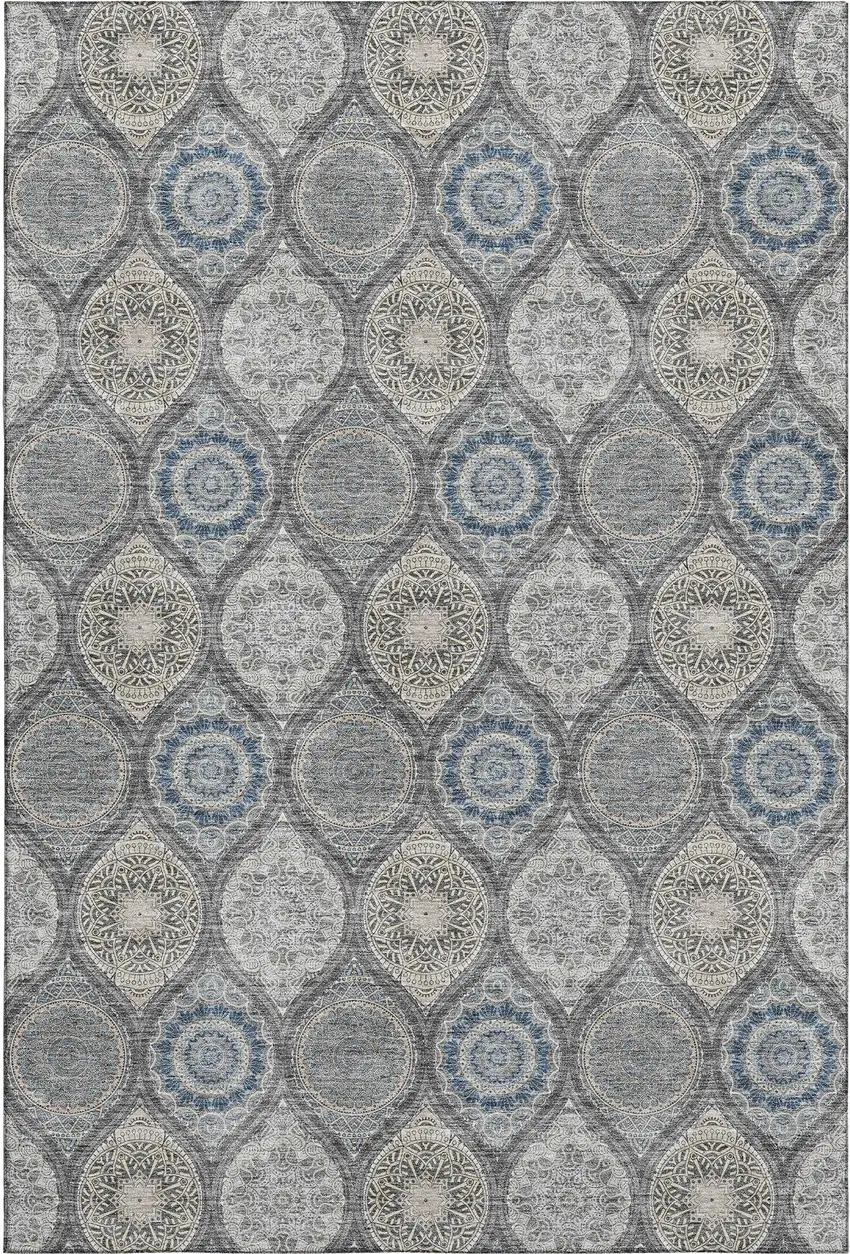 Gray Navy Blue And Beige Ogee Washable Area Rug With UV Protection Photo 1