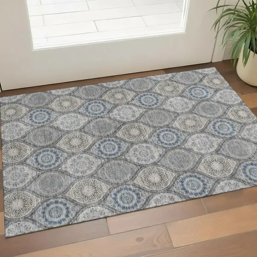 Gray Navy Blue And Beige Ogee Washable Area Rug With UV Protection Photo 1