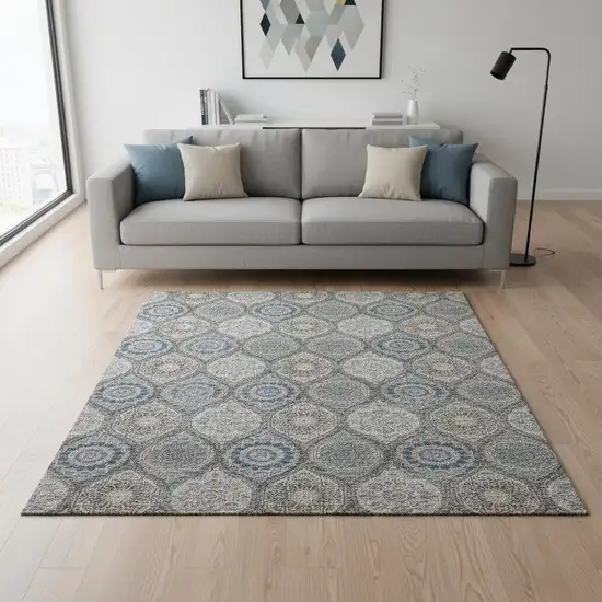 Gray Navy Blue And Beige Ogee Washable Area Rug With UV Protection Photo 2