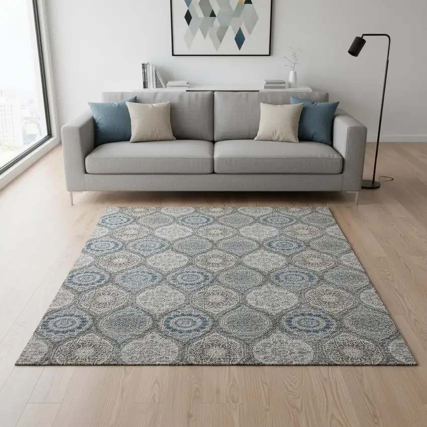 Gray Navy Blue And Beige Ogee Washable Area Rug With UV Protection Photo 2