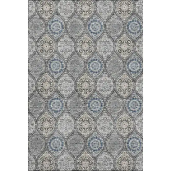 Gray Navy Blue And Beige Ogee Washable Area Rug With UV Protection Photo 1