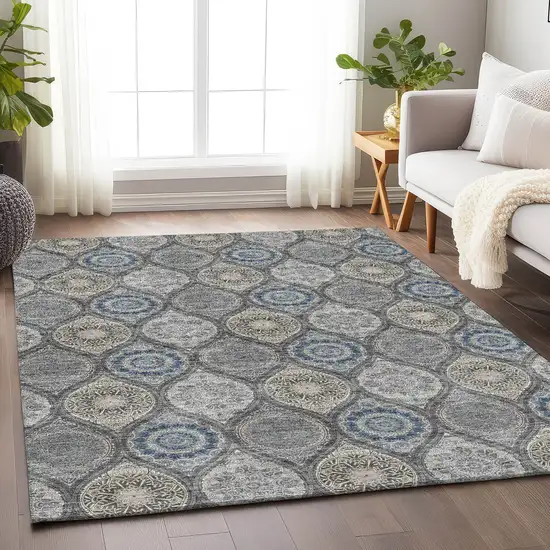 Gray Navy Blue And Beige Ogee Washable Area Rug With UV Protection Photo 4
