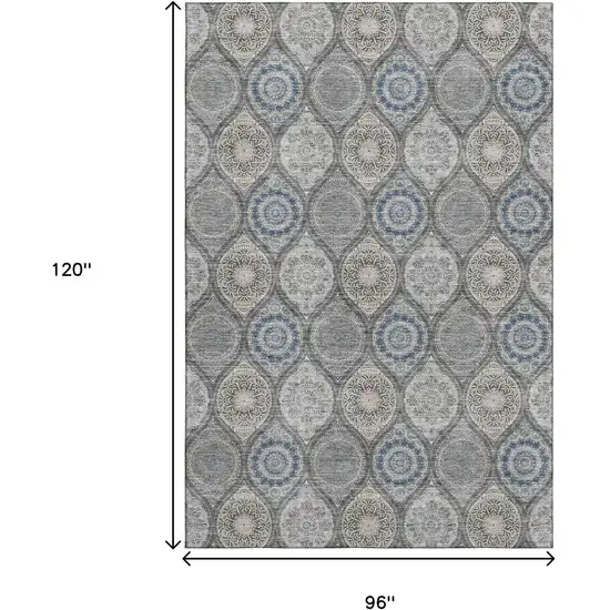 Gray Navy Blue And Beige Ogee Washable Area Rug With UV Protection Photo 7