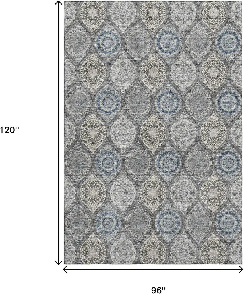 Gray Navy Blue And Beige Ogee Washable Area Rug With UV Protection Photo 7