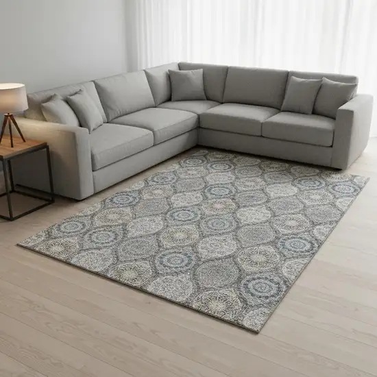 Gray Navy Blue And Beige Ogee Washable Area Rug With UV Protection Photo 2