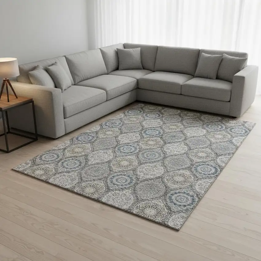 Gray Navy Blue And Beige Ogee Washable Area Rug With UV Protection Photo 2