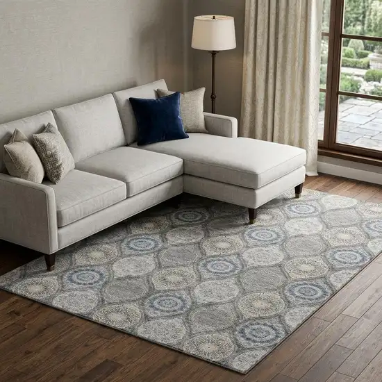Gray Navy Blue And Beige Ogee Washable Area Rug With UV Protection Photo 1
