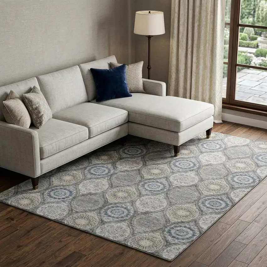Gray Navy Blue And Beige Ogee Washable Area Rug With UV Protection Photo 1