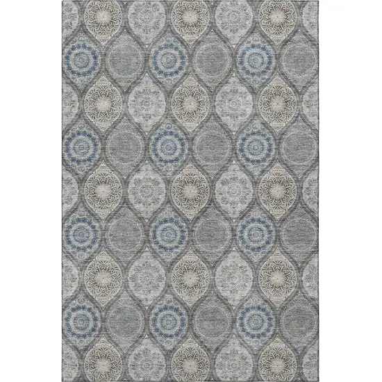 Gray Navy Blue And Beige Ogee Washable Area Rug With UV Protection Photo 2