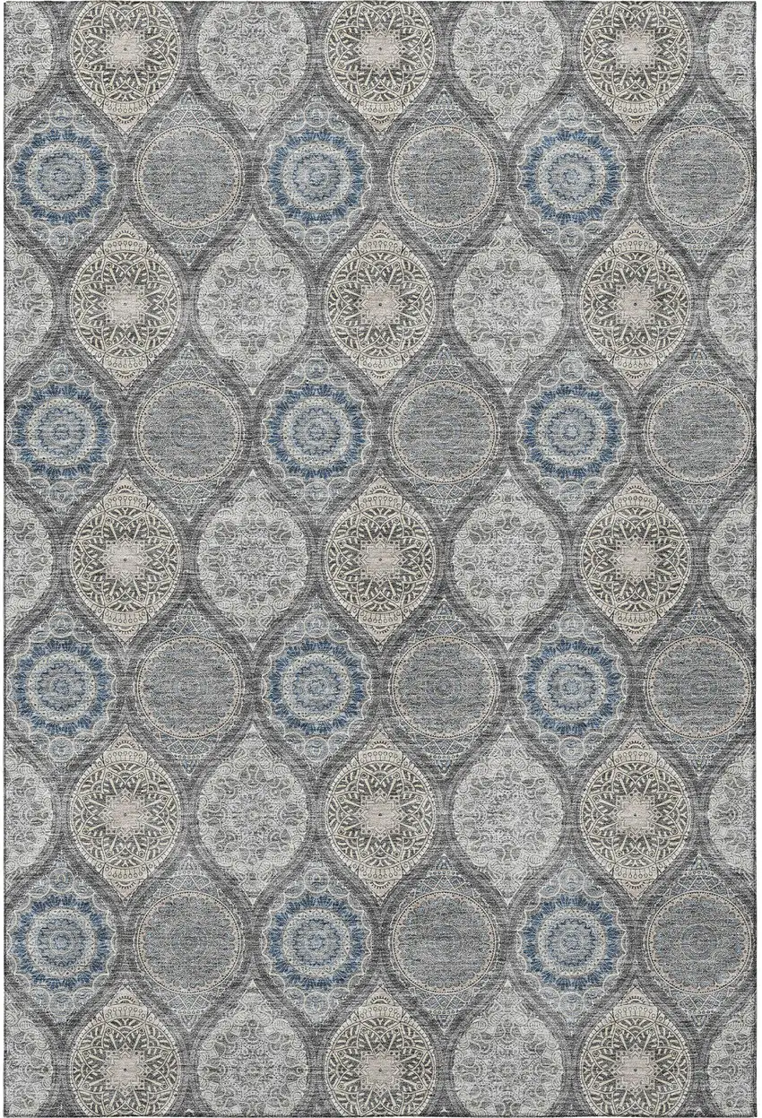 Gray Navy Blue And Beige Ogee Washable Area Rug With UV Protection Photo 2
