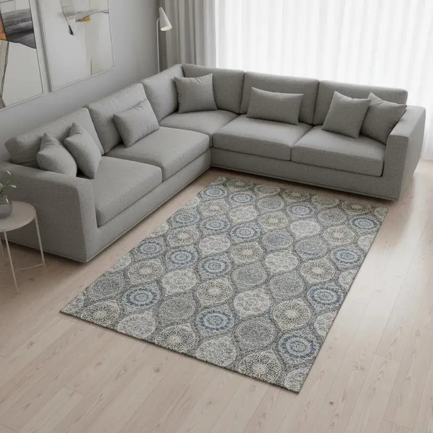 Gray Navy Blue And Beige Ogee Washable Area Rug With UV Protection Photo 2