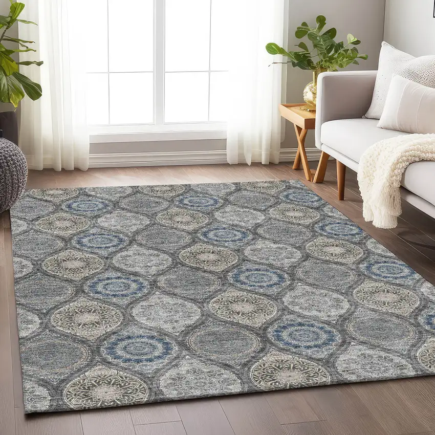 Gray Navy Blue And Beige Ogee Washable Area Rug With UV Protection Photo 3