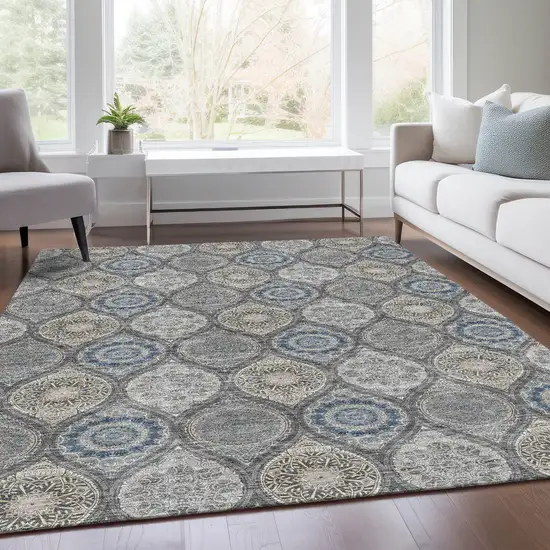 Gray Navy Blue And Beige Ogee Washable Area Rug With UV Protection Photo 5