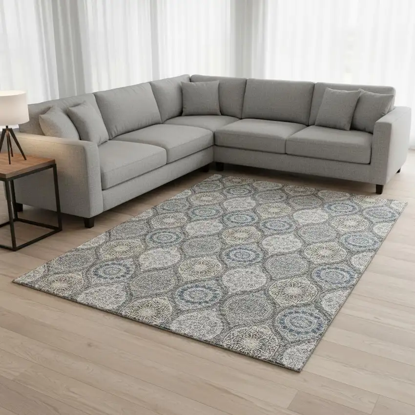 Gray Navy Blue And Beige Ogee Washable Area Rug With UV Protection Photo 2