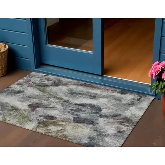 Gray Olive Green And Ivory Abstract Washable Indoor Outdoor Area Rug Photo 2