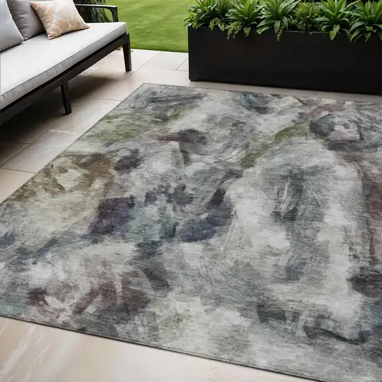 Gray Olive Green And Ivory Abstract Washable Indoor Outdoor Area Rug Photo 2