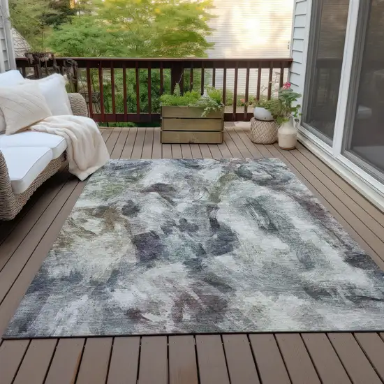 Gray Olive Green And Ivory Abstract Washable Indoor Outdoor Area Rug Photo 7