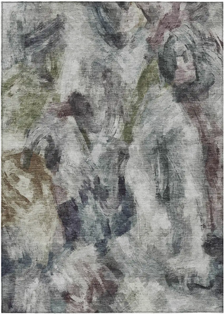 Gray Olive Green And Ivory Abstract Washable Indoor Outdoor Area Rug Photo 1