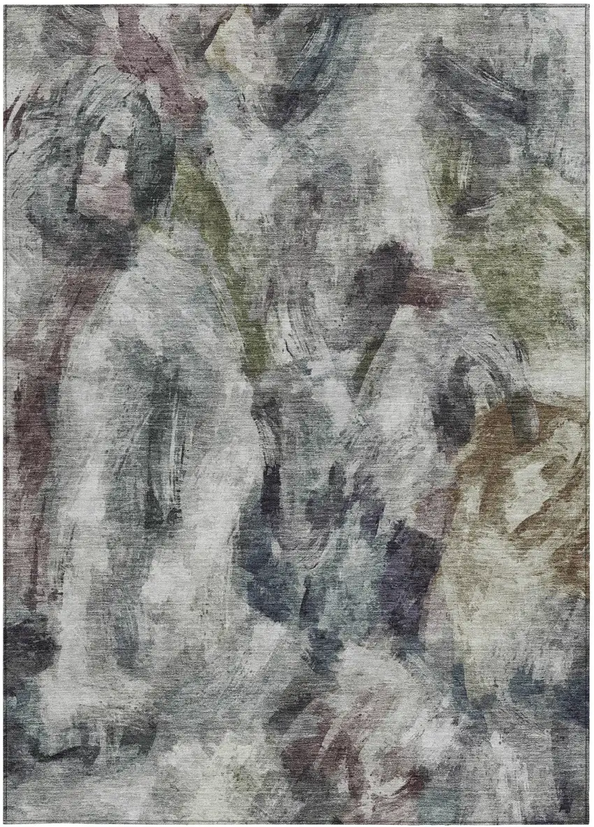 Gray Olive Green And Ivory Abstract Washable Indoor Outdoor Area Rug Photo 3